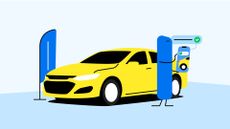 The carVertical cartoon mascot holding a smartphone & standing next to a yellow car