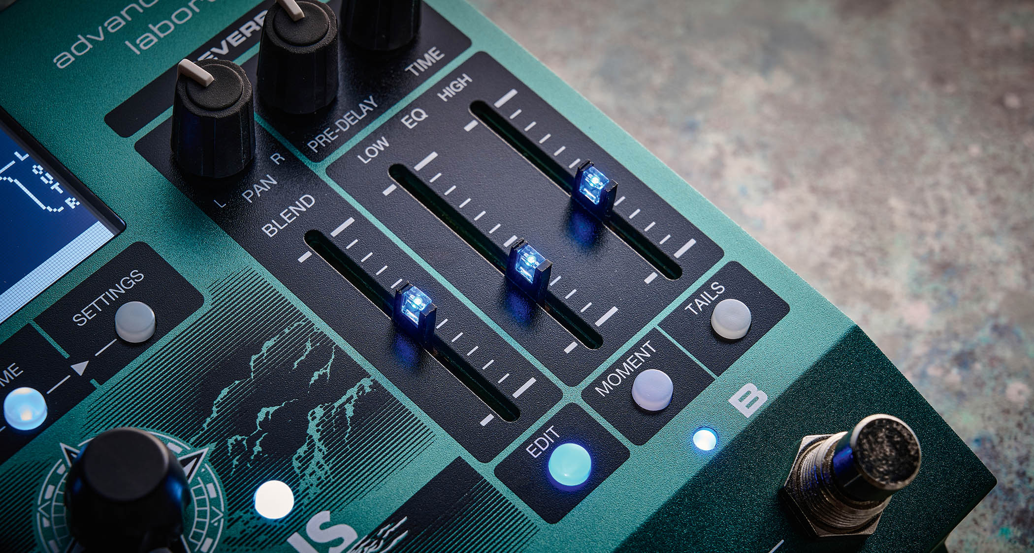The Electro-Harmonix Oceans Abyss is described as an "Advanced Reverb Laboratory" and the green, triple-footswitch pedal has a comprehensive range of features, with sliders and dials for adjusting parameters.