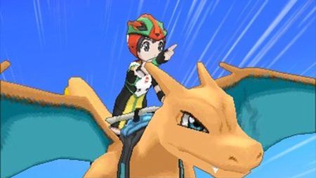 The player rides a Charizard through the sky in Pokemon Sun & Moon