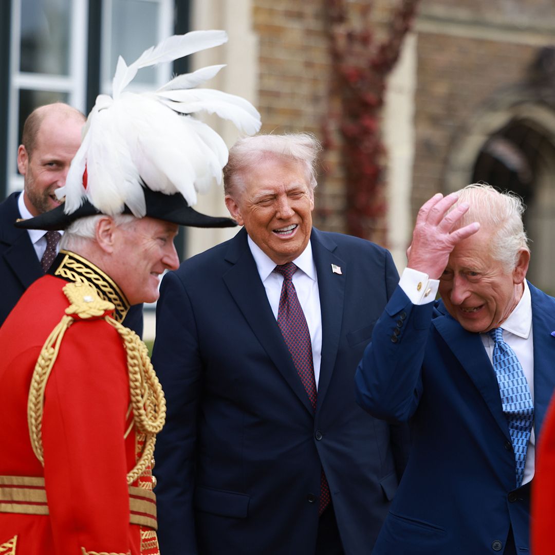 WINDSOR, ENGLAND - SEPTEMBER 17: US President Donald Trump (C) is welcomed to Windsor Castle by King Charles III (R) and Prince William, Prince of Wales on day two of the US President Donald Trump&#039;s second state visit to the UK on September 17, 2025 in Windsor, England. (Photo by Ian Vogler - WPA Pool/Getty Images)