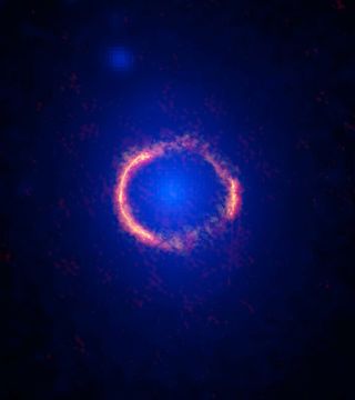 An ALMA/Hubble composite image of the gravitationally lensed galaxy SDP.81. The diffuse blue element at the center of the ring is from the intervening lensing galaxy, as seen with the Hubble Space Telescope.