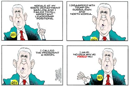 Political cartoon U.S. Rex Tillerson firing moron comment
