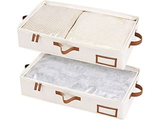 Storageworks Underbed Storage Box in cream with tan leather handles