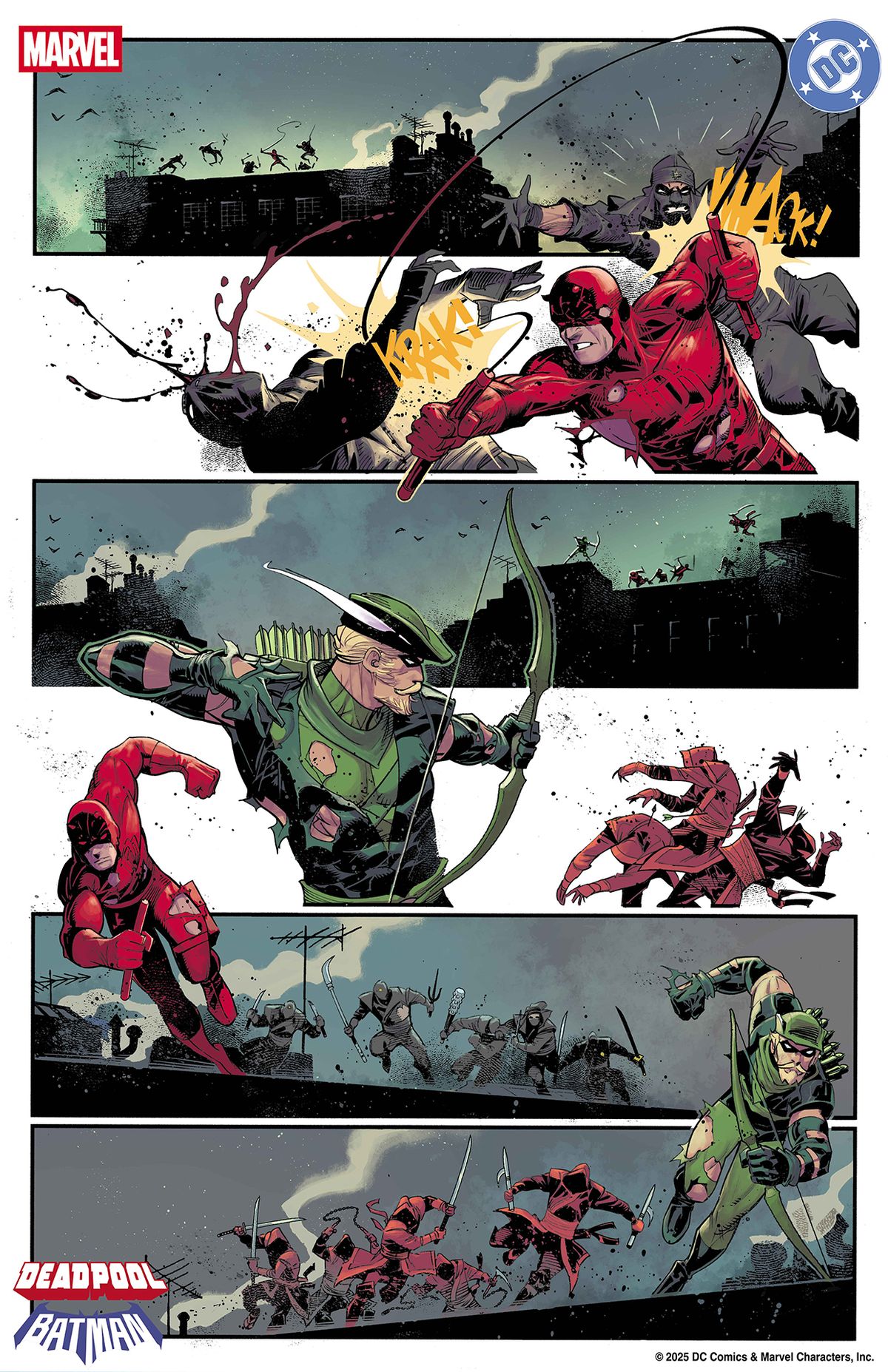 Green Arrow and Daredevil locked in bloody combat with the ninjas of The Hand