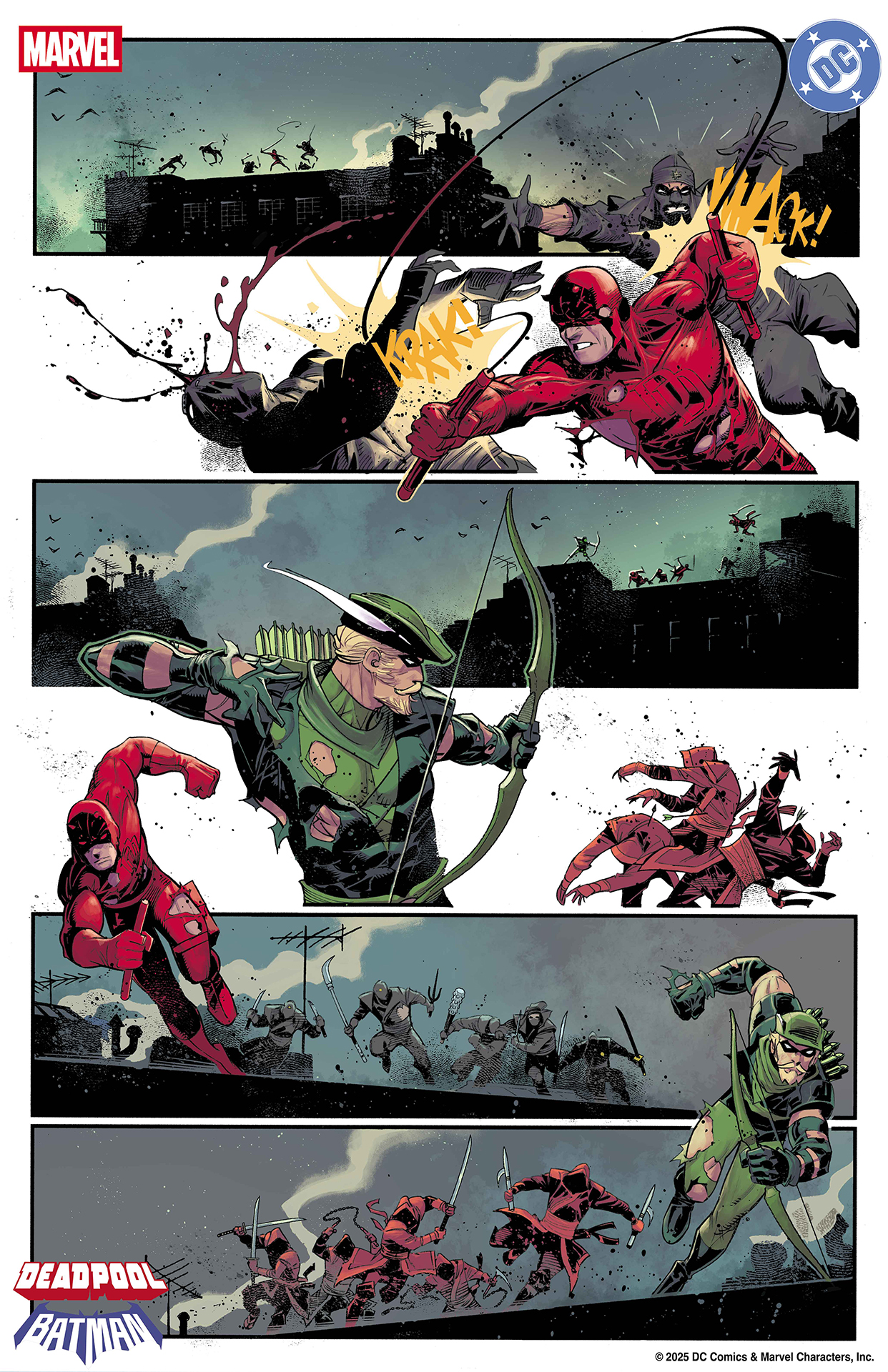 Green Arrow and Daredevil locked in bloody combat with the ninjas of The Hand