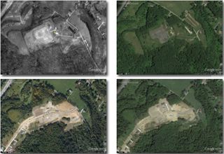 Google Earth images show a time sequence from 1993 (upper left) through 2012 (lower right), revealing a Pittsburgh Defense Area that was later abandoned and covered with housing.