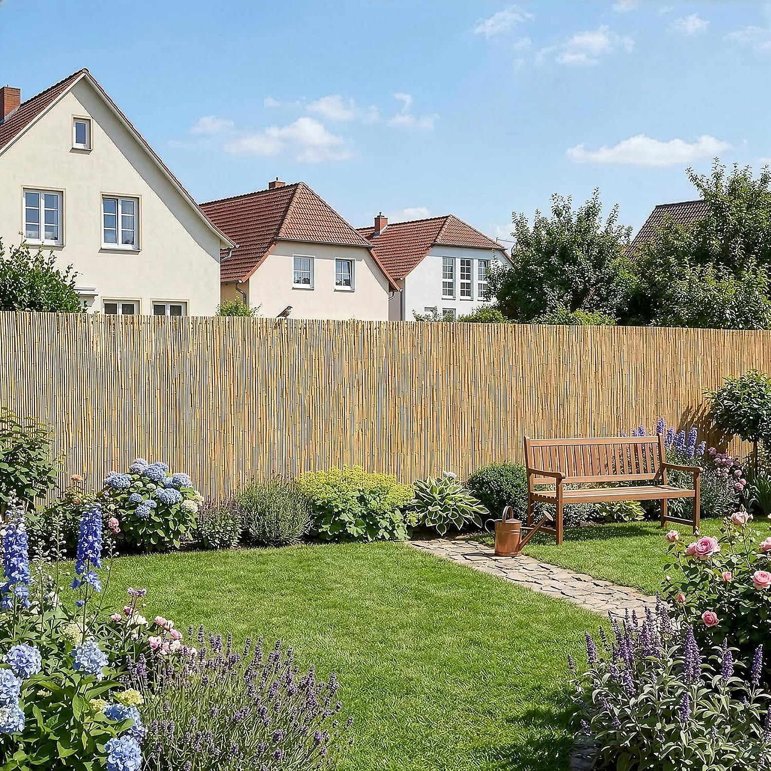 bamboo fence roll being used as garden fencing to divide garden from houses behind