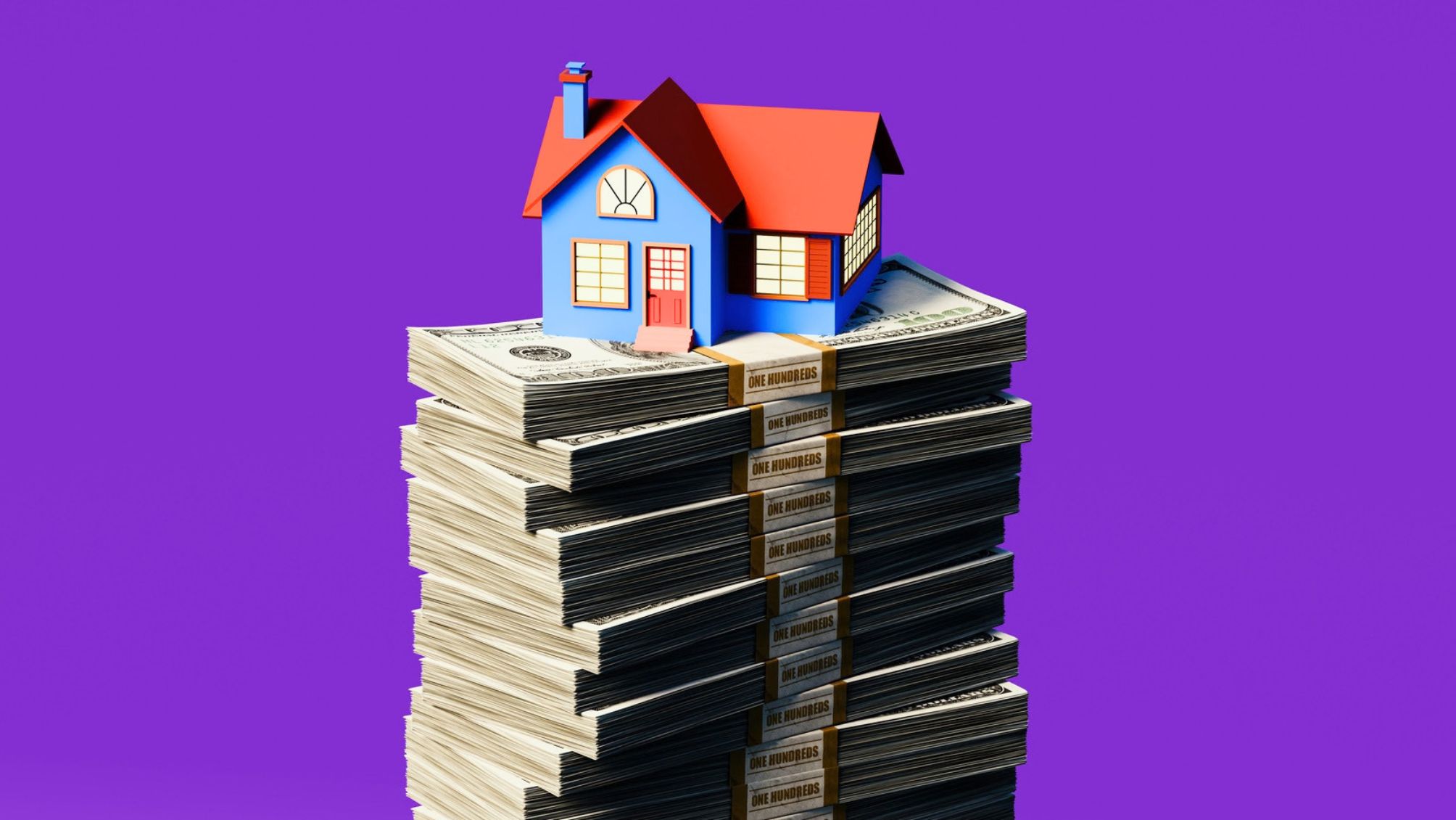 A tiny model home sitting on a stack of $100 bill bundles.