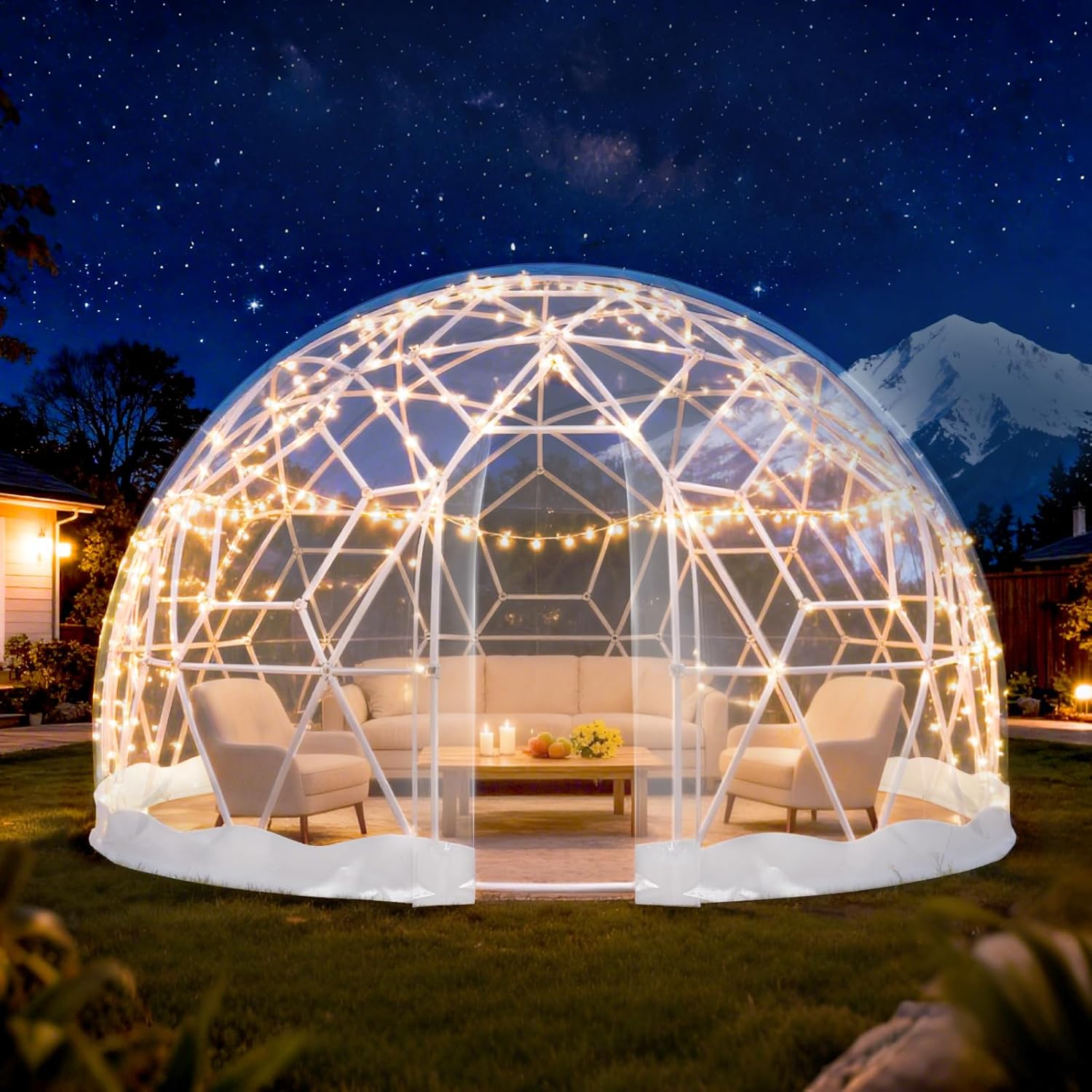 Zumic Garden Dome Tent 12*7.2ft, 360&amp;deg; View Geodesic Dome Greenhouse With Pvc Clear Cover, Waterproof Garden Bubble Dome Tent House With 2 X 10m Light Strings for Outdoor, White