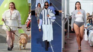 a collage of three models walking at Copenhagen Fashion Week in the Sinead O'Dwyer, Baum Und Pferdgarten, and A Roege Hove shows displaying a range of body types and personal styles