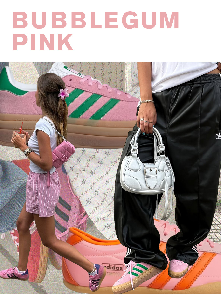 A collage featuring pink adidas shoes.