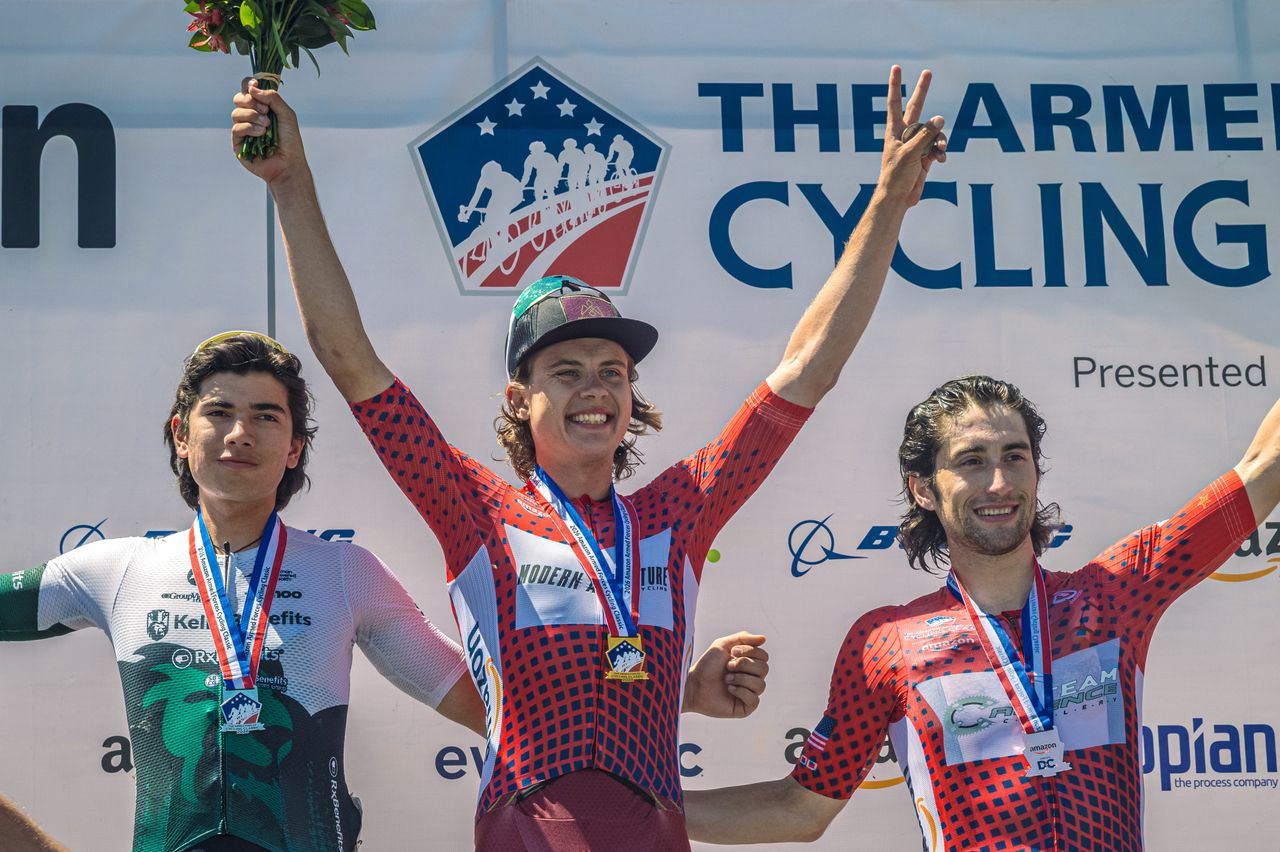 Men's Omnium podium from 2026 Amazon Armed Forces Cycling Classic (L to R): Alejandro Che second, overall winner Brody McDonald, Lucas Bourgoyne third