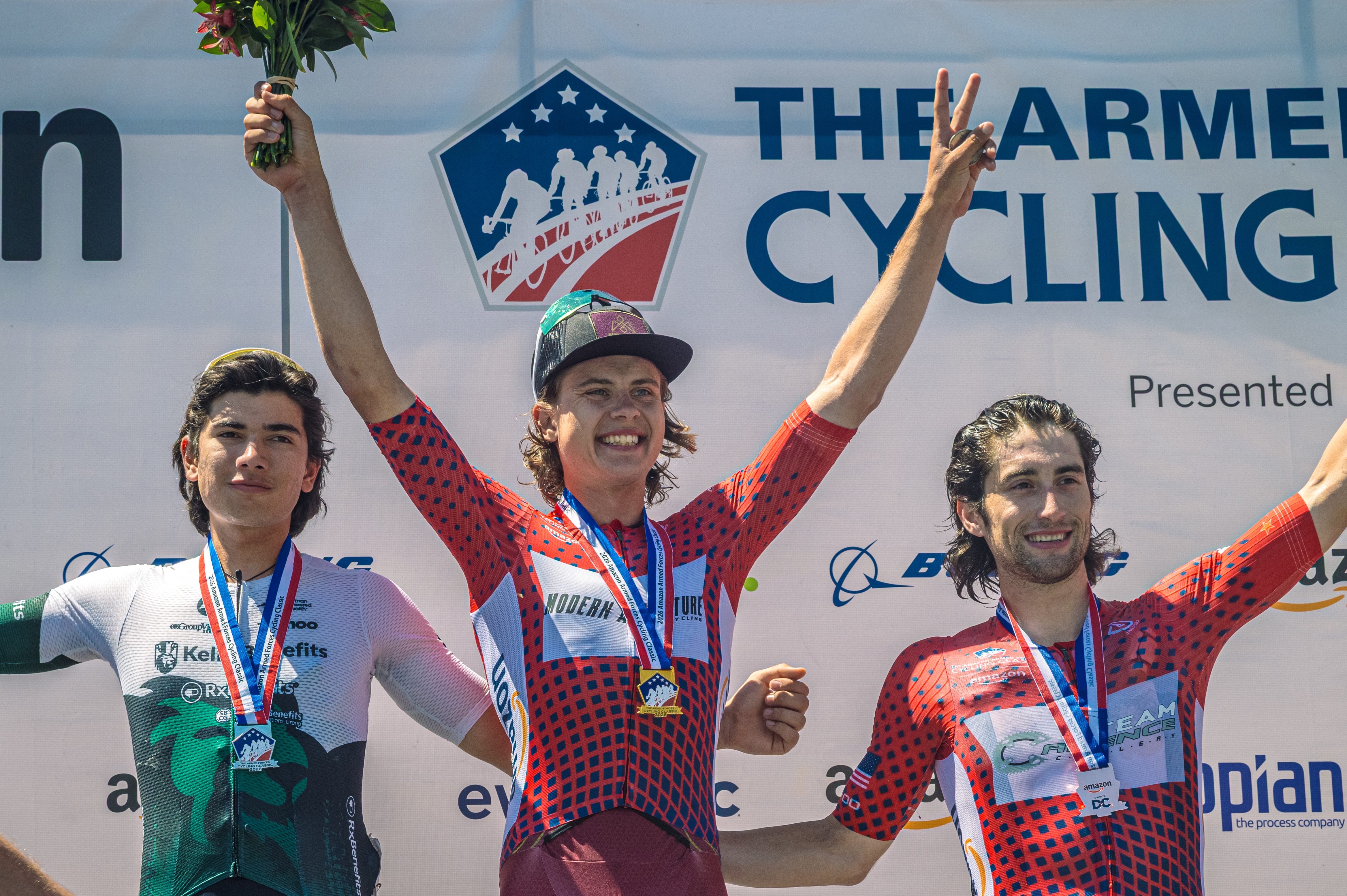 Men's Omnium podium from 2026 Amazon Armed Forces Cycling Classic (L to R): Alejandro Che second, overall winner Brody McDonald, Lucas Bourgoyne third