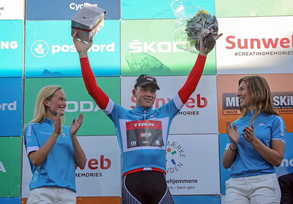 Mads Pedersen in the blue jersey at the Tour of Denmark