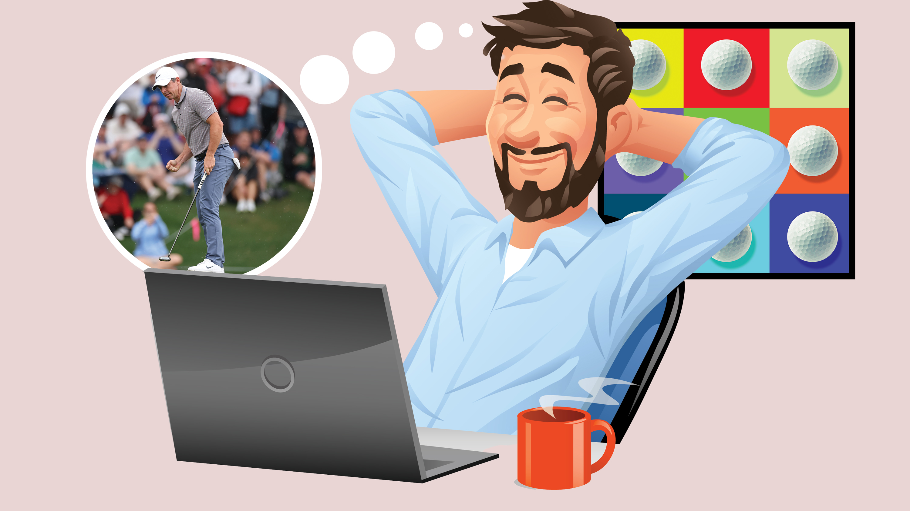 Cartoon man sitting back in his chair with a hot coffee in front of his laptop daydreaming about tour golf, with an image of Rory McIlroy in a thought bubble