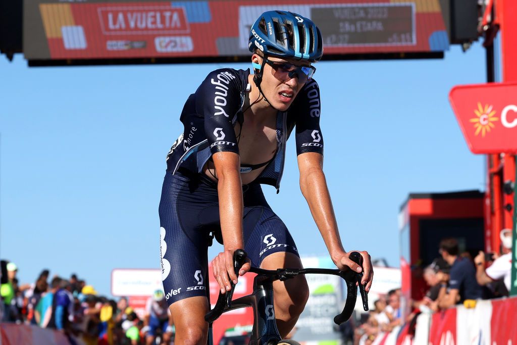 LACRUZDELINARES SPAIN SEPTEMBER 14 Max Poole of The United Kingdom and Team DSM firmenich crosses the finish line during the 78th Tour of Spain 2023 Stage 18 a 1789km stage from Pola de Allande to La Cruz de Linares 840m UCIWT on September 14 2023 in La Cruz de Linares Spain Photo by Alexander HassensteinGetty Images