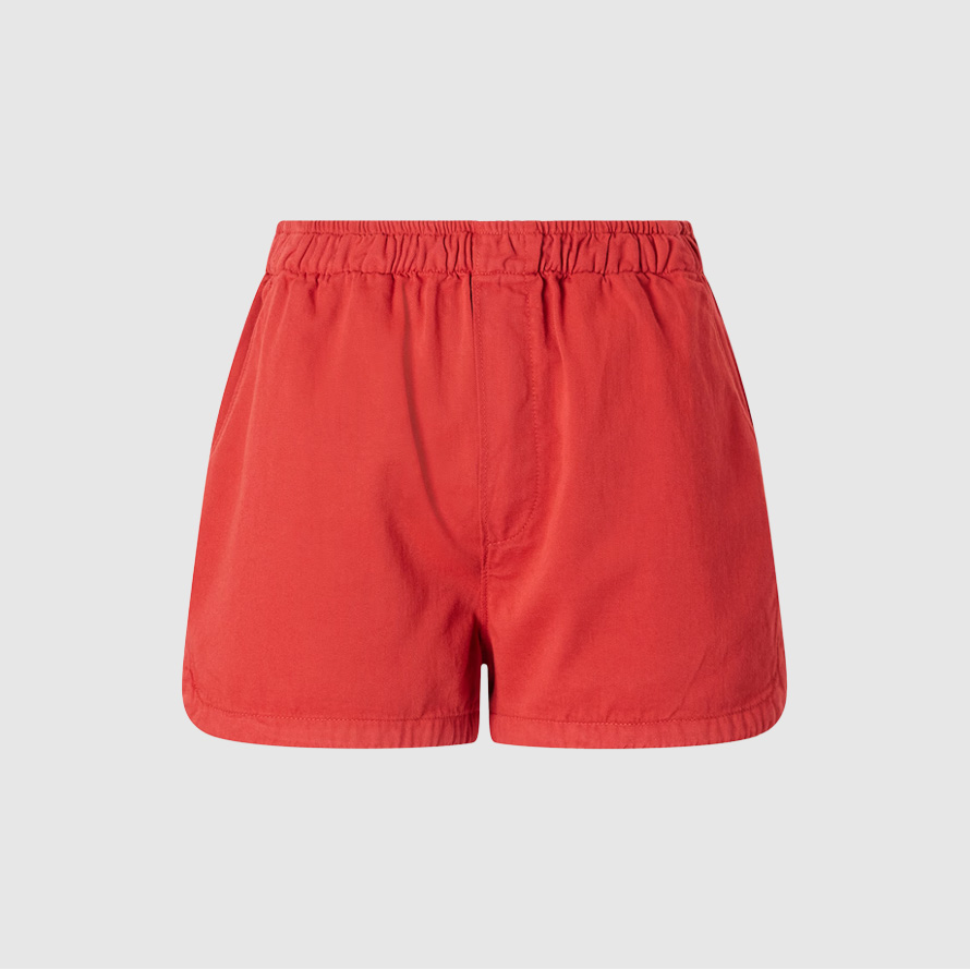 Red track shorts.