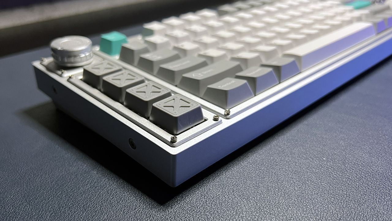 angled close up of left side of Lemokey L3 showing macro keys