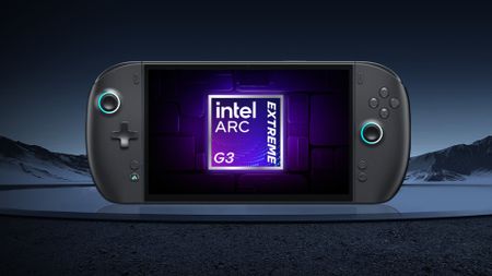 OneXPlayer handheld with Intel Arc G3 chipset logo on screen.