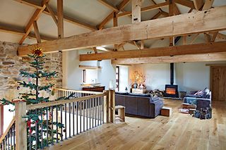 living room with exposed beams