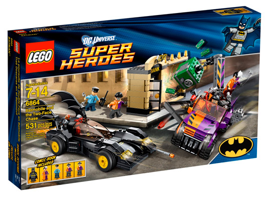 A routine trip to the bank ends in a fast paced chase when he spots Two-Face and his evil henchman making off with an enormous safe. Set includes five Minifigures: Batman, Two-Face, 2 henchman and a guard.