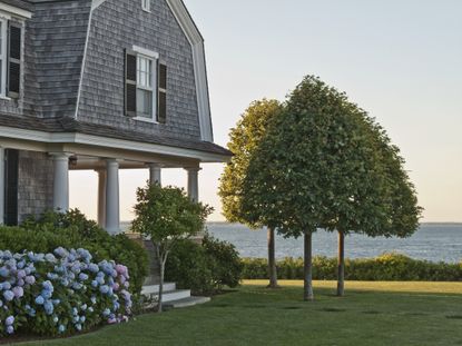 Dutch Colonial shingle style house in Vineyard Haven, Martha's Vineyard, Massachusetts. The home has a hydrangea bush and an ocean view.