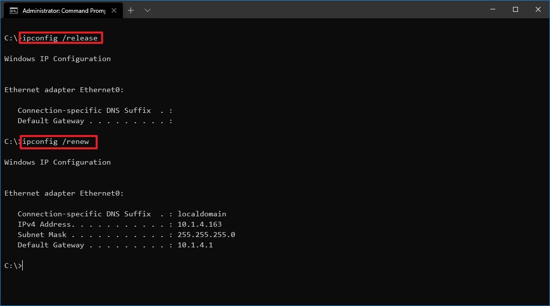 Windows 10 ipconfig release and renew commands
