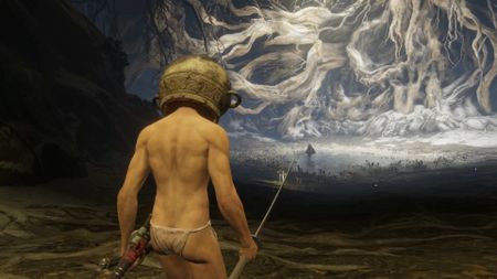 let me solo her facing off against melania. they're an elden ring player who dual-wields katanas and only wears a pot on his head