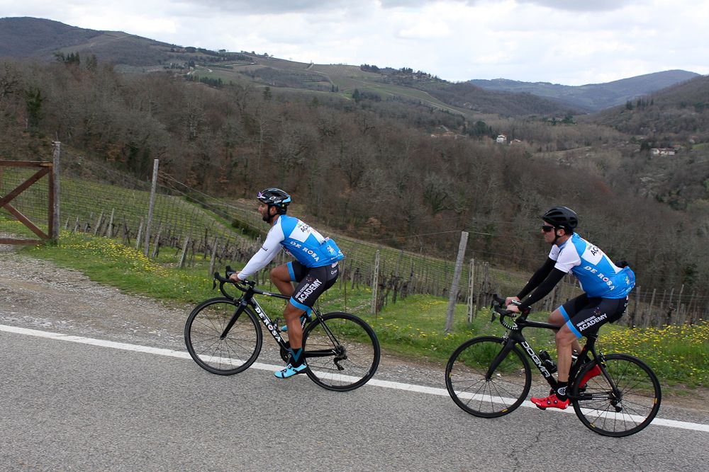 Aviv Yechezkel and Gabriele Mirra pass one of many vineyards on the Gino Bartali ride
