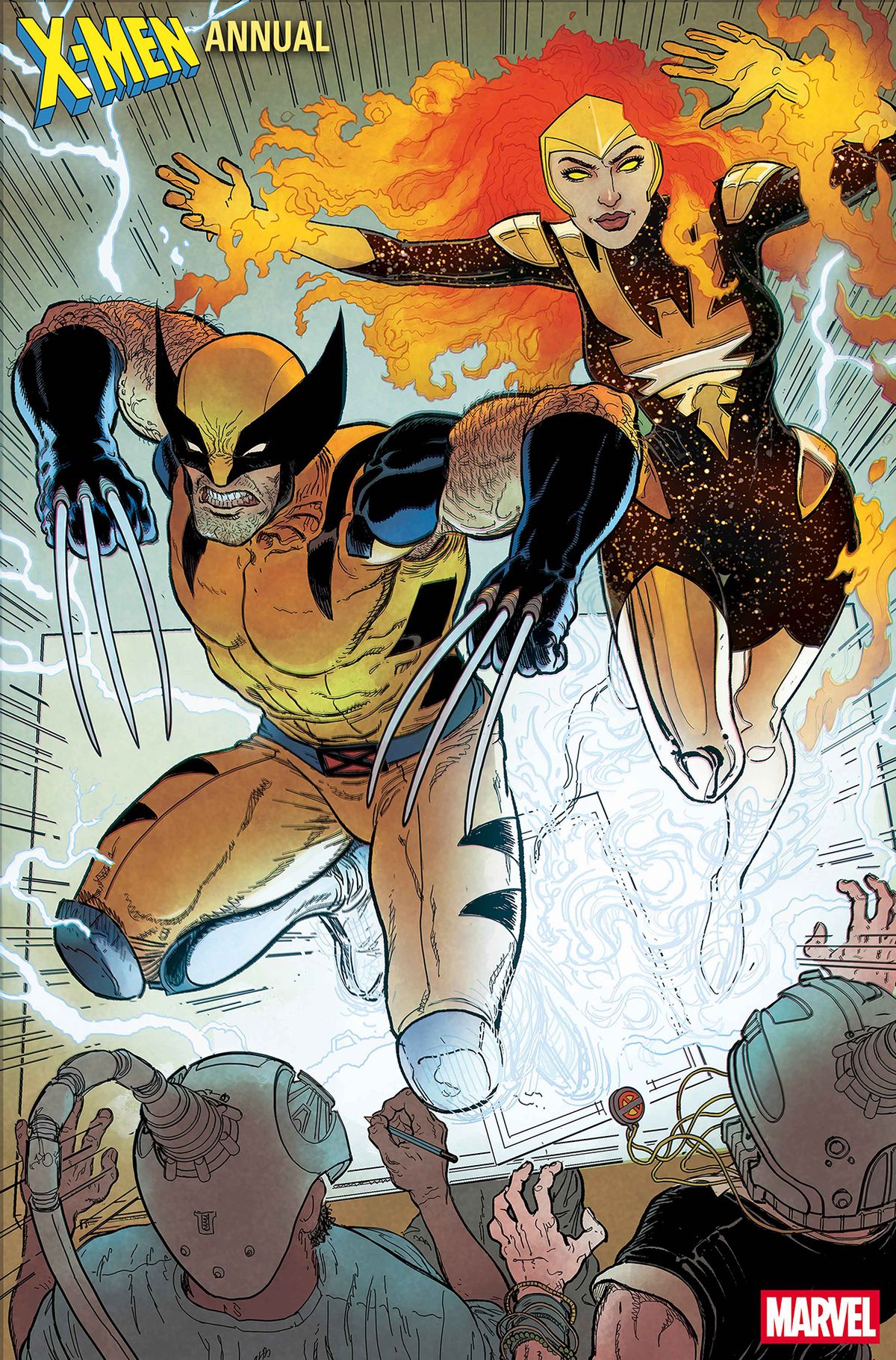 Wolverine and Jean Grey leaping off a drawing page