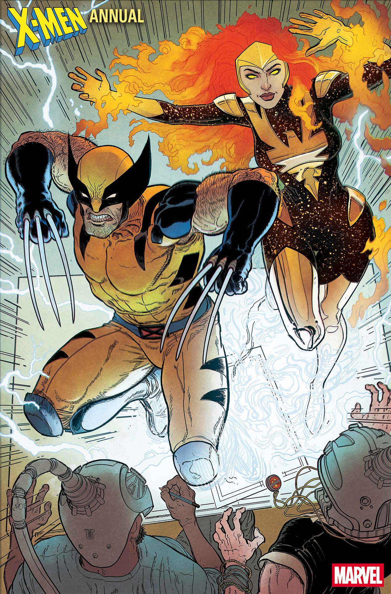 Wolverine and Jean Grey leaping off a drawing page