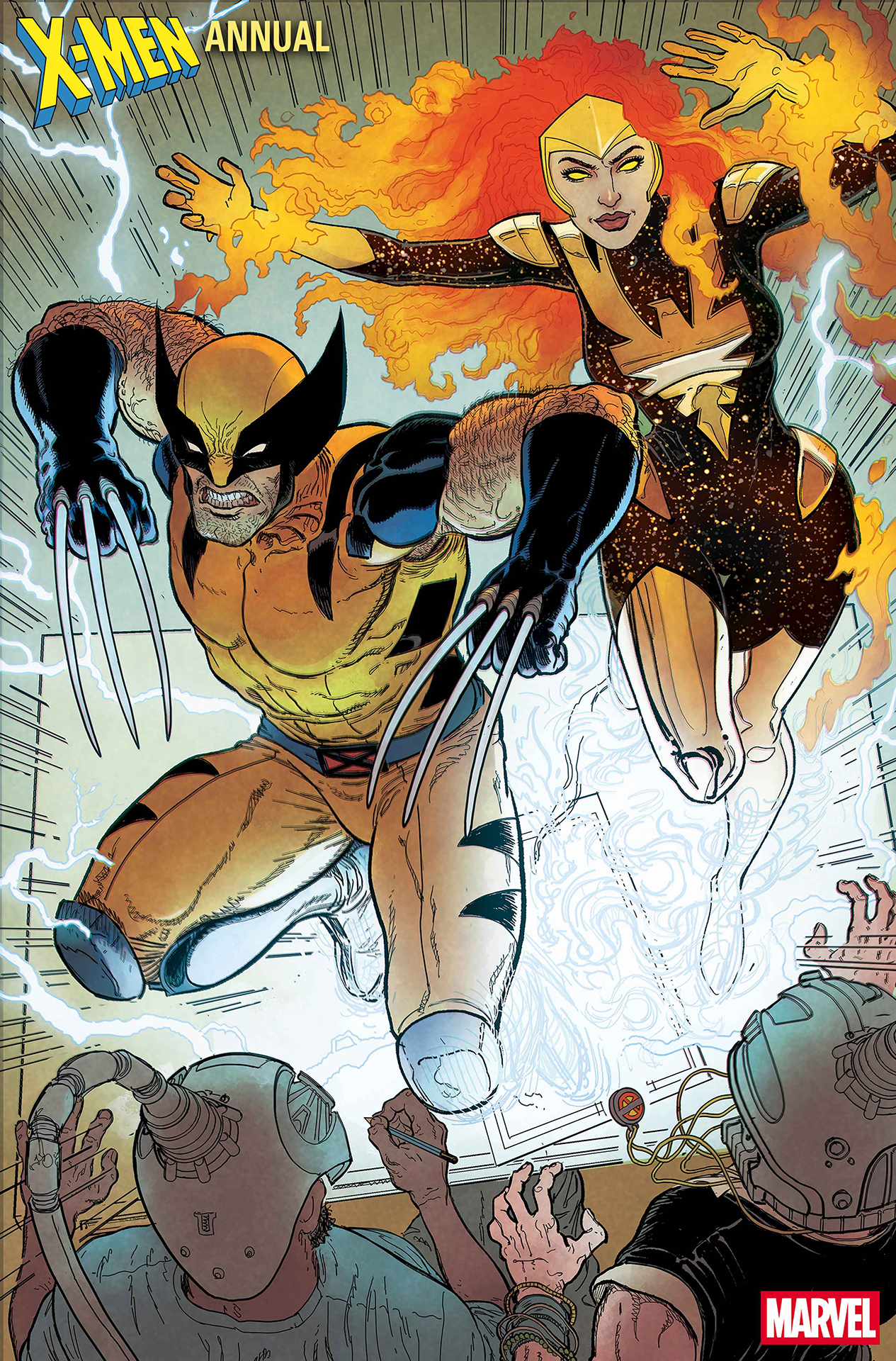Wolverine and Jean Grey leaping off a drawing page 