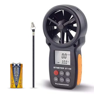 Btmeter Bt-100 black Handheld Anemometer, shown here with orange ergonomic grippy pads on the side