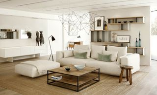 The living room consists of sofa, floor lamp, Prism' pendant light