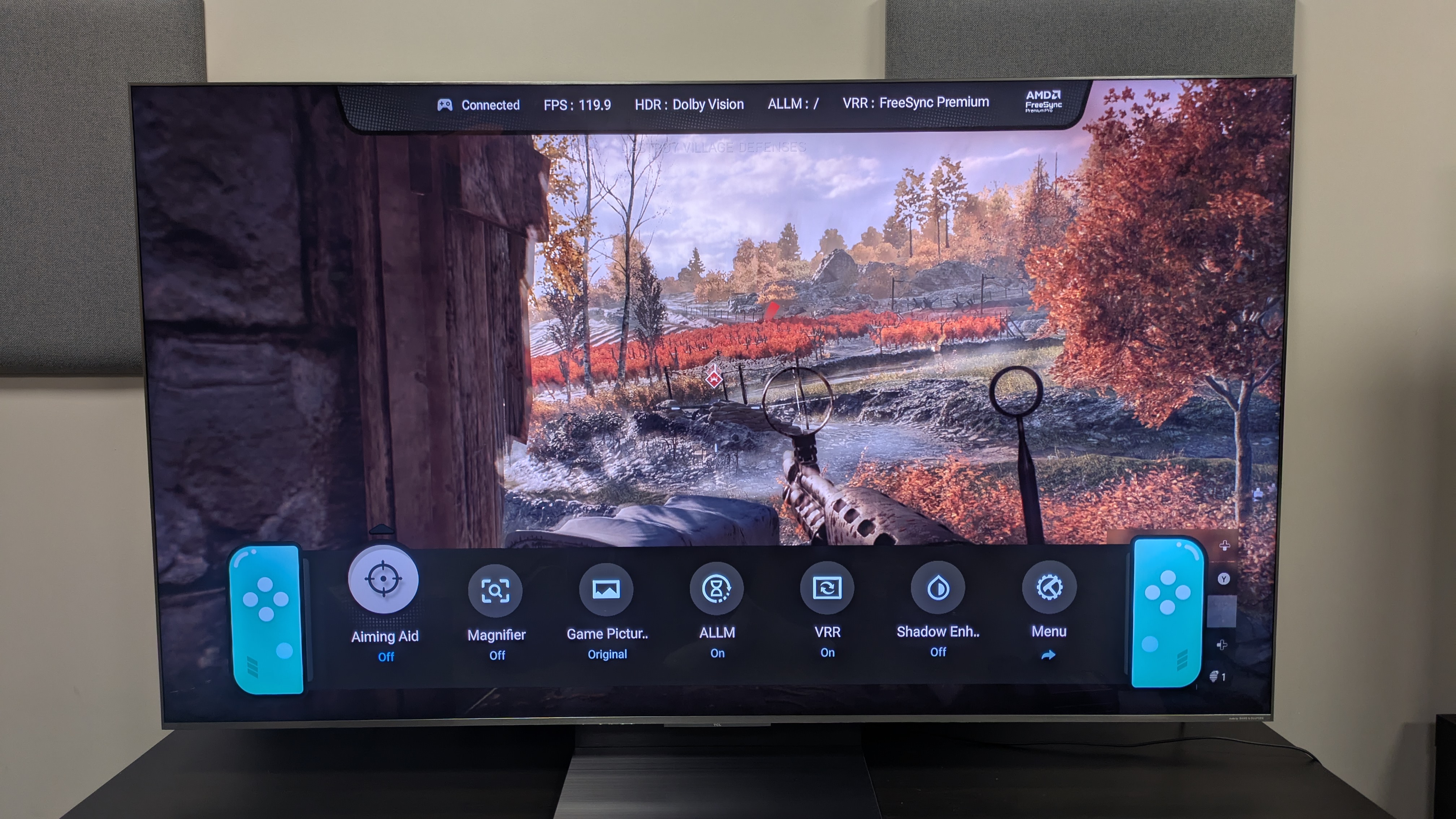TCL C8K with Battlefield V and game bar on screen