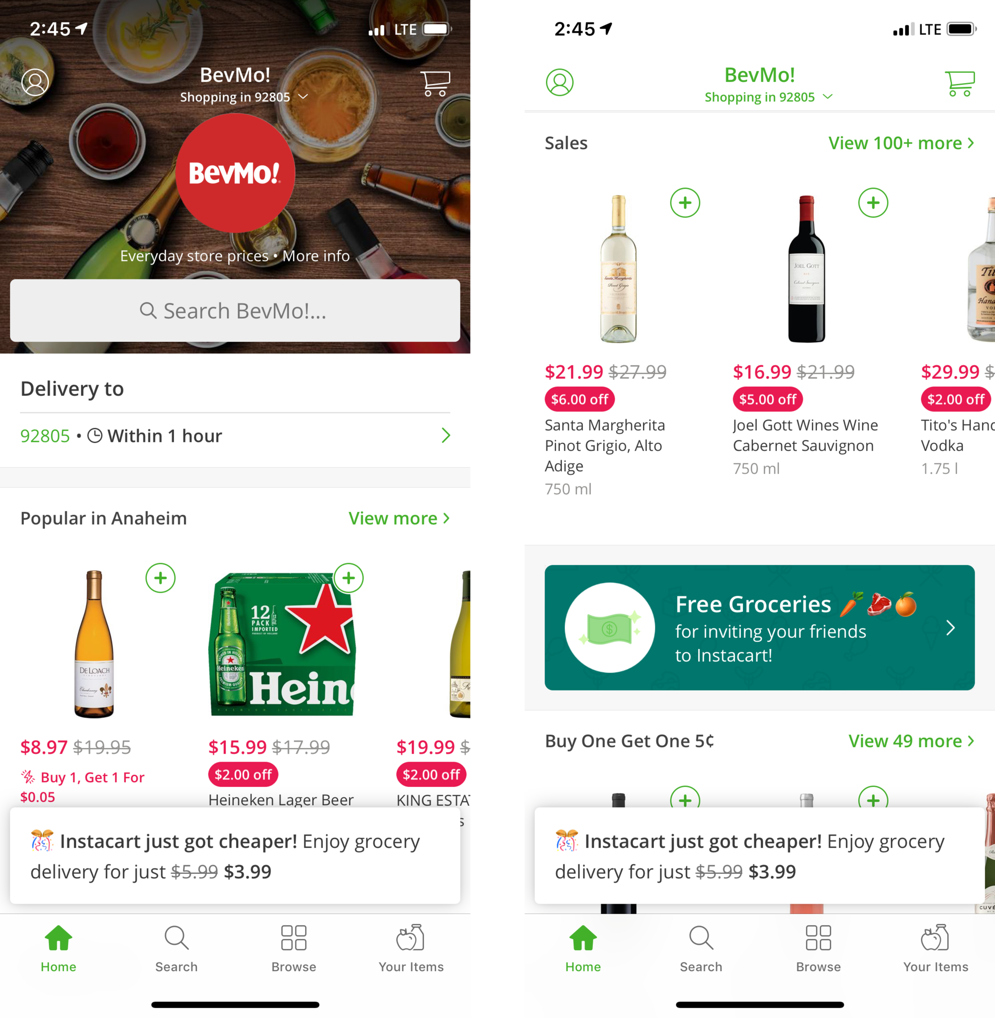 Instacart alcohol from Bevmo options
