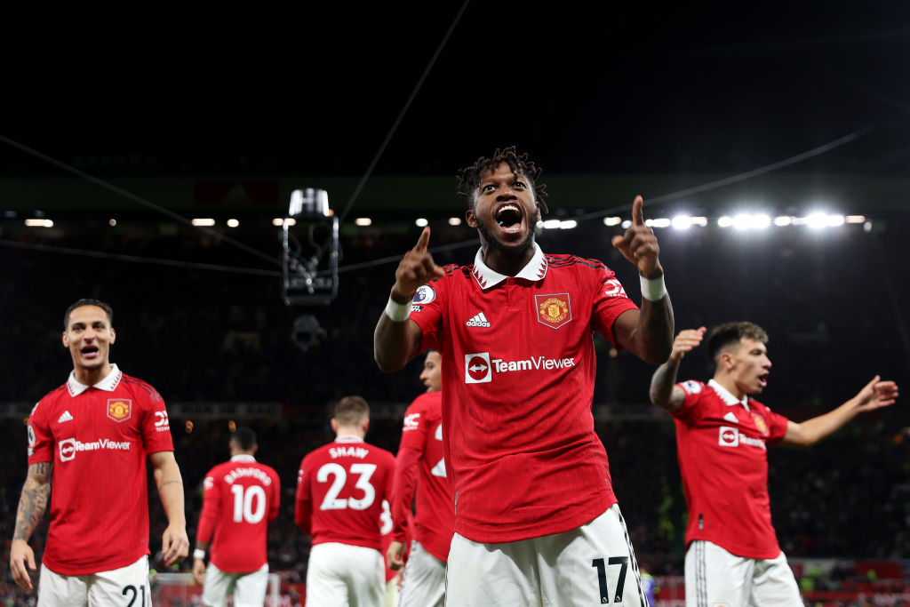 Fred of Manchester United celebrates after scoring their sides first goal during the Premier League match between Manchester United and Tottenham Hotspur at Old Trafford on October 19, 2022 in Manchester, England.