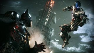 best superhero games: an enemy in a suit of armor vaulting at Batman, a Falcone tower in the distance