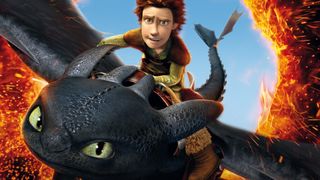 Hiccup rides Toothless in How To Train Your Dragon.