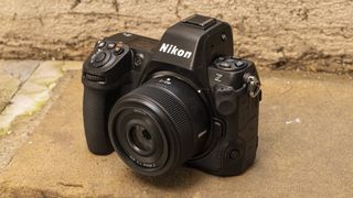 Nikon Z8 camera outside on the ground view of front