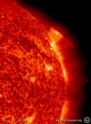 Three energized active regions that were lined up latitudinally (along a North-South line) rotated into profile view at the Sun's edge and put on a good solar show (Oct. 21-23, 2011)