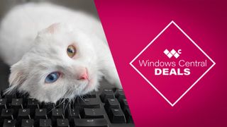 A white cat laying its face o a keyboard. A graphic to the right reads, "Windows Central deals."