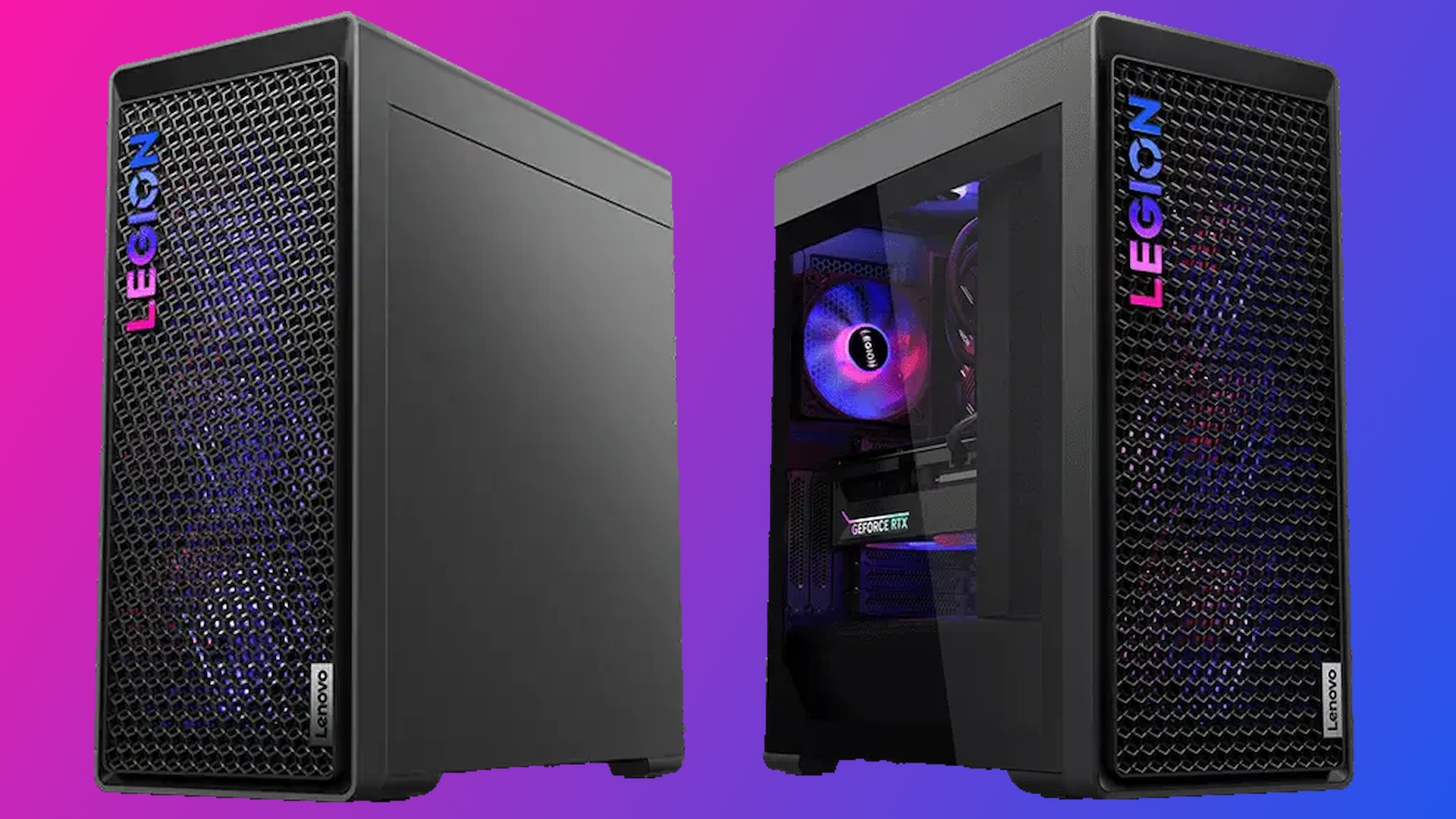 Two front-angle views of a Lenovo Legion gaming desktop PC.