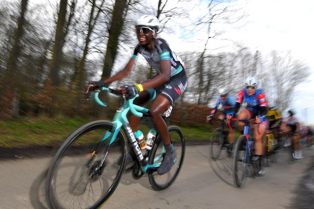 OETINGEN BELGIUM MARCH 14 Teniel Campbell of Trinidad And Tobago and Team BikeExchange during the 1st GP Oetingen Womens Elite a 120km race from Oetingen to Oetingen gpoetingen on March 14 2021 in Oetingen Belgium Photo by Luc ClaessenGetty Images