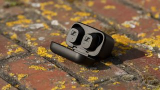 the sennheiser cx true wireless earbuds in their charging case on a brick wall