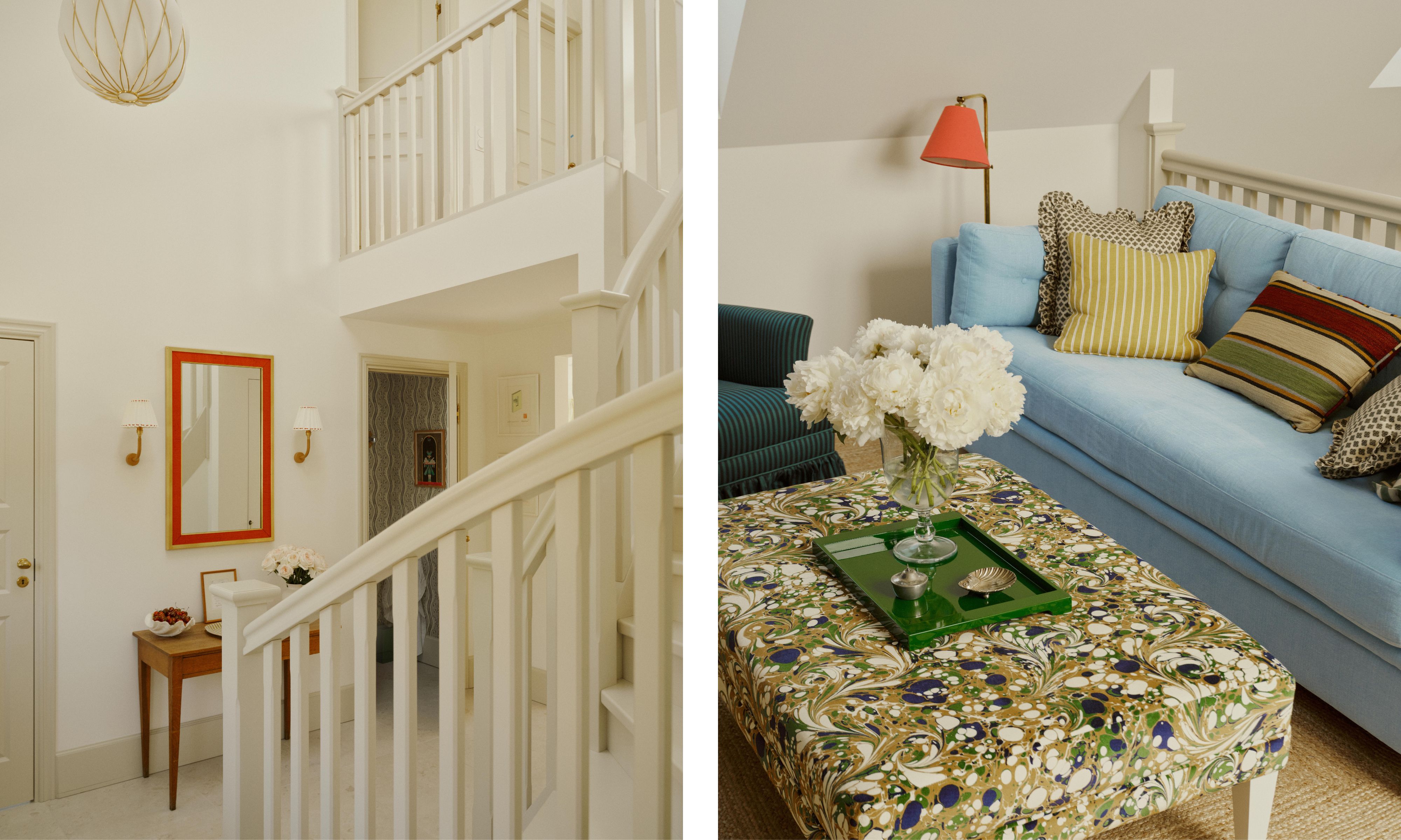 two side by side images of a vaulted neutral entryway with staircase and a landing area with a blue settee and marble printed ottoman