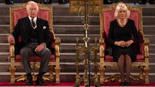 King Charles III and Camilla, Queen Consort take part in an address in Westminster Hall