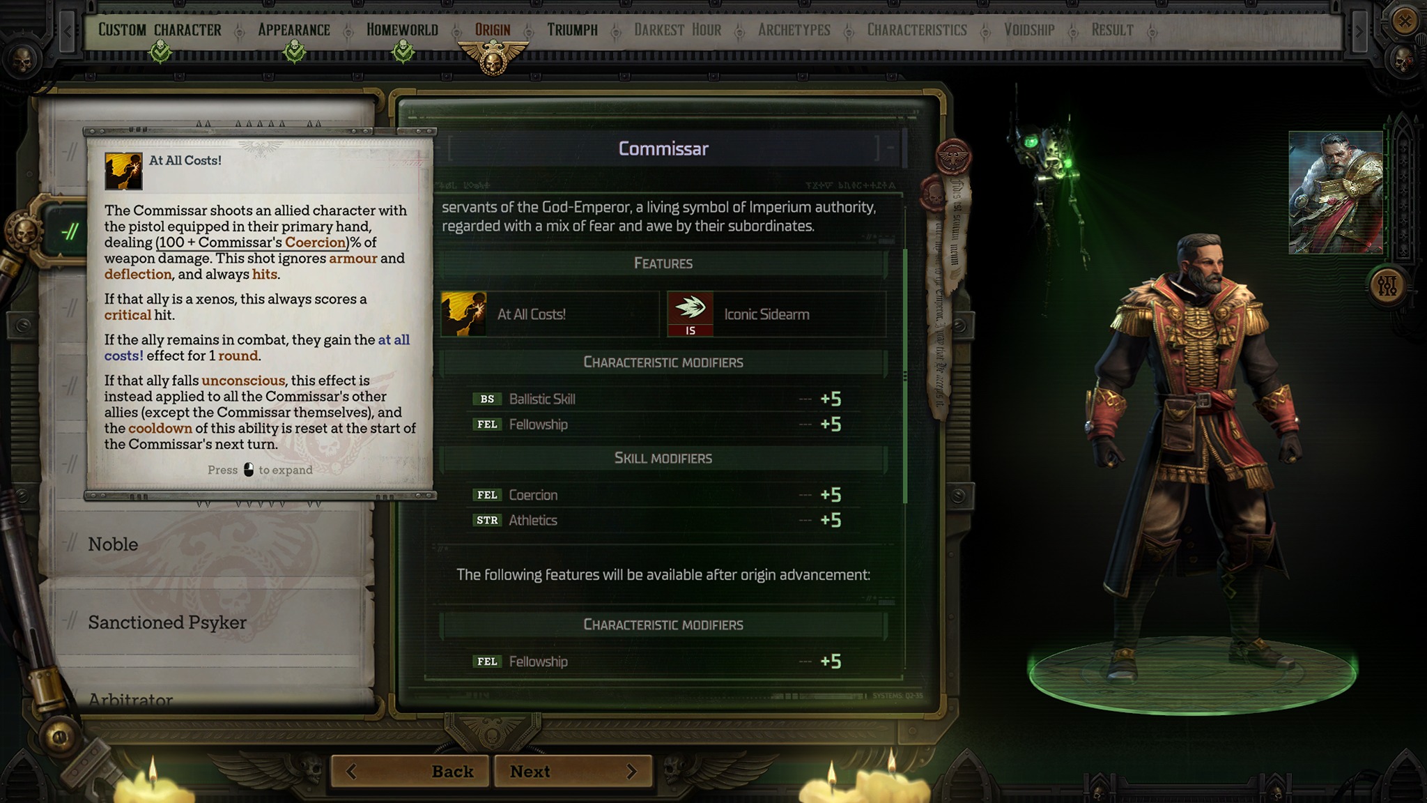 In-game screenshot of the Commissar Character Origin in Warhammer 40,000: Rogue Trader