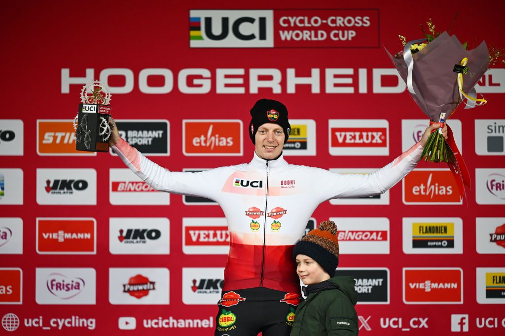 Belgian Michael Vanthourenhout of Pauwels Sauzen-Cibel Clementines celebrates at podium as 2024-2025 World Cup overall winner after second place in Hoogerheide