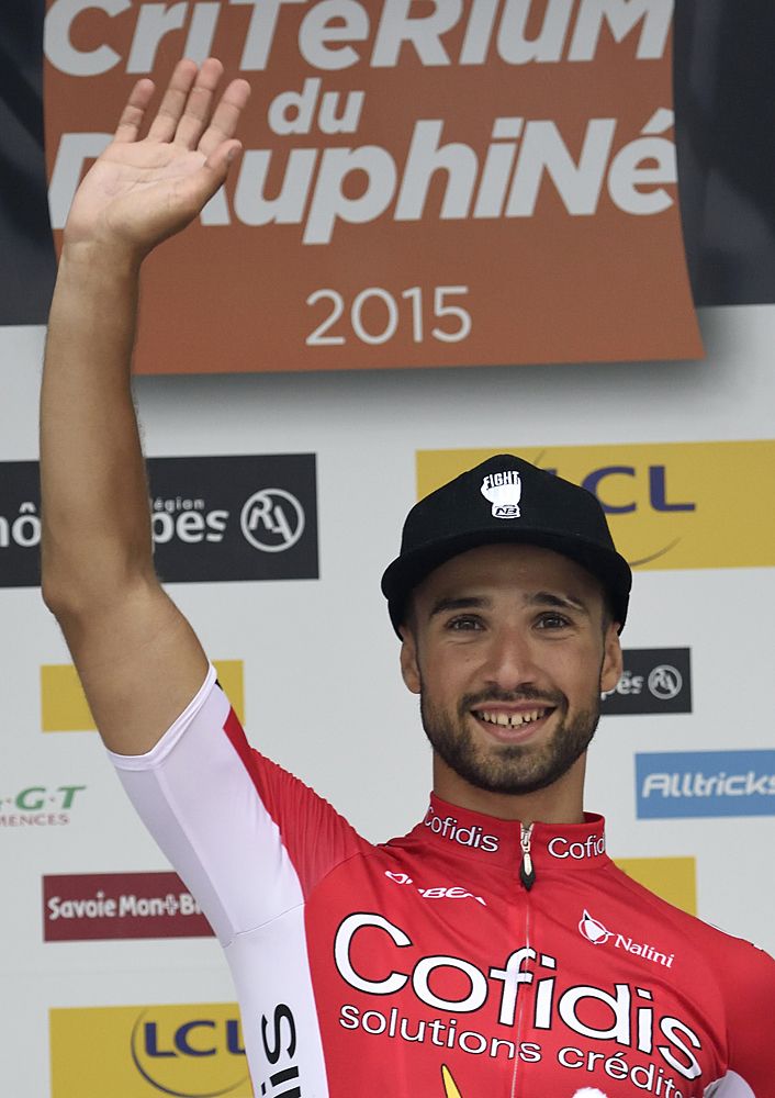 Nacer Bouhanni (Cofidis) waves to the crowd from the stage 4 podium